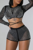 Black Sexy Solid Bandage Patchwork See-through Hot Drill Long Sleeve Two Pieces