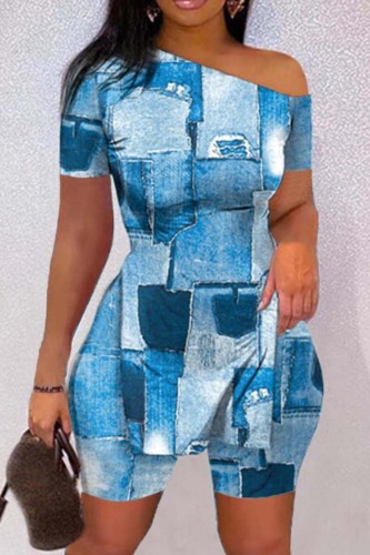 Blue Casual Print Slit Oblique Collar Short Sleeve Two Pieces