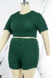 Ink Green Casual Solid Patchwork O Neck Plus Size Two Pieces