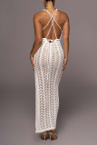 White Sexy Solid Bandage Hollowed Out Patchwork Backless Slit Swimwears Cover Up