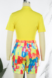 Yellow Street Print Patchwork Buckle Turndown Collar Short Sleeve Two Pieces
