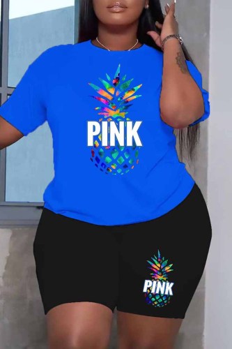 Blue Street Print Letter O Neck Plus Size Two Pieces