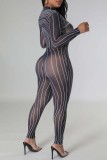 Black Sexy Print See-through Half A Turtleneck Skinny Jumpsuits