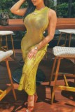 Yellow Sexy Solid Hollowed Out See-through O Neck Long Dress Dresses