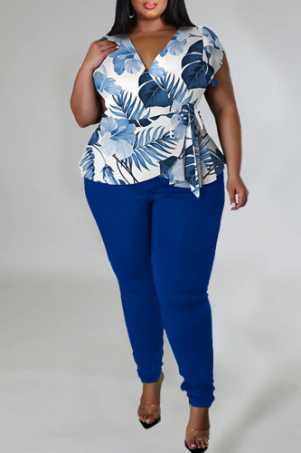 Blue Casual Print Bandage Patchwork V Neck Plus Size Two Pieces