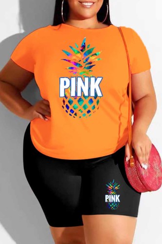 Orange Street Print Letter O Neck Plus Size Two Pieces
