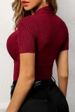 Burgundy Sexy Casual Solid Patchwork V Neck T-Shirts