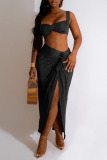 Black Sleeveless Backless Cami Crop Top and High Slit Maxi Skirt Slim Fit Vacation Two Piece Skirt Set