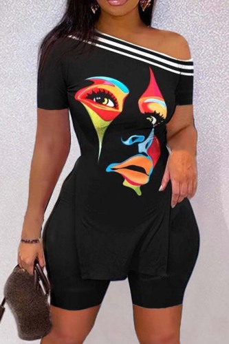 Black Casual Print Slit Oblique Collar Short Sleeve Two Pieces