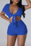 Blue Sexy Casual Solid Bandage V Neck Short Sleeve Two Pieces