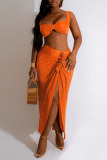 Tangerine Red Sleeveless Backless Cami Crop Top and High Slit Maxi Skirt Slim Fit Vacation Two Piece Skirt Set