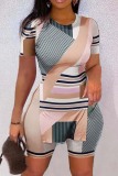 White Casual Print Slit O Neck Short Sleeve Two Pieces