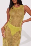 Yellow Sexy Solid Hollowed Out See-through O Neck Long Dress Dresses