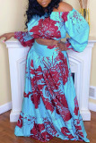 Blue Floral Print Off Shoulder Lantern Sleeve Crop Top with Ruched Maxi Skirt Casual Vacation Two Piece Dress
