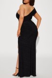 Black Sexy Solid Backless Slit Oblique Collar Long Dress Dresses