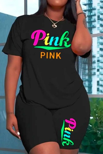 Black Street Print Letter O Neck Plus Size Two Pieces