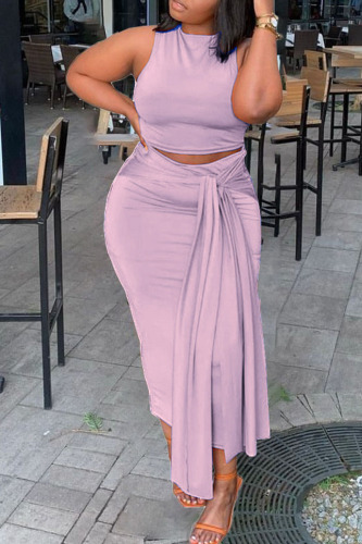 Purple Sexy Solid Bandage Patchwork O Neck Sleeveless Two Pieces