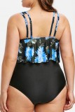 Black Sexy Print Solid Backless U Neck Plus Size Swimwear