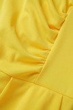 Yellow Casual Solid Patchwork Flounce Slit O Neck One Step Skirt Dresses