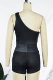Black Sexy Solid Patchwork Oblique Collar Sleeveless Two Pieces
