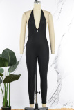Black Sexy Solid Backless Halter Skinny Jumpsuits