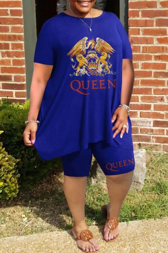 Blue Casual Print Basic O Neck Plus Size Two Pieces