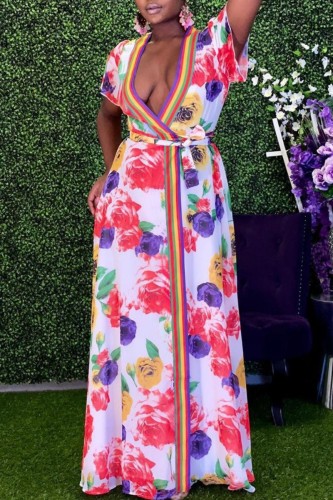 Multicolor Casual Floral Print V Neck Short Sleeve Loose Vacation Maxi Dresses