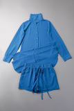 Blue Casual Solid Buttons Shirt Collar Long Sleeve Two Pieces
