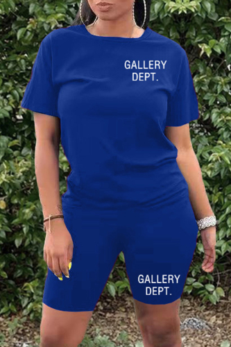 Blue Casual Letter Print Basic O Neck Short Sleeve Two Pieces