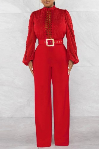 Red Casual Solid Hollowed Out Patchwork Half A Turtleneck Regular Jumpsuits