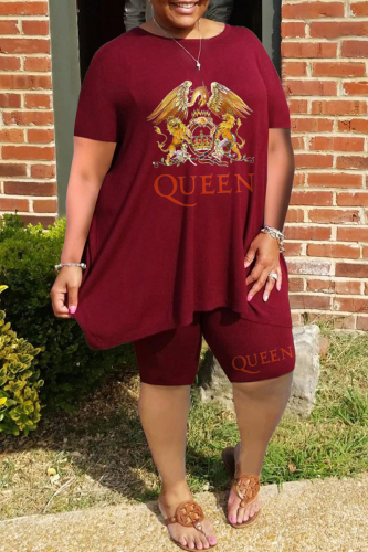 Burgundy Casual Print Basic O Neck Plus Size Two Pieces
