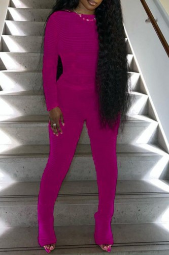 Rose Red Casual Solid See-through O Neck Long Sleeve Two Pieces