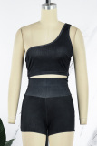 Black Sexy Solid Patchwork Oblique Collar Sleeveless Two Pieces