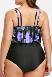 Black Purple Sexy Print Solid Backless U Neck Plus Size Swimwear