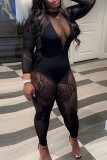 Black Sexy Solid See-through O Neck Skinny Jumpsuits