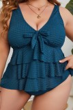 Blue Casual Solid Patchwork V Neck Plus Size Swimwear