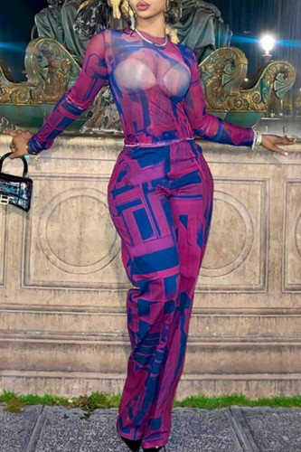 Purple Casual Print Basic O Neck Long Sleeve Two Pieces