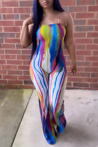 Colour Sexy Print Patchwork Spaghetti Strap Straight Jumpsuits