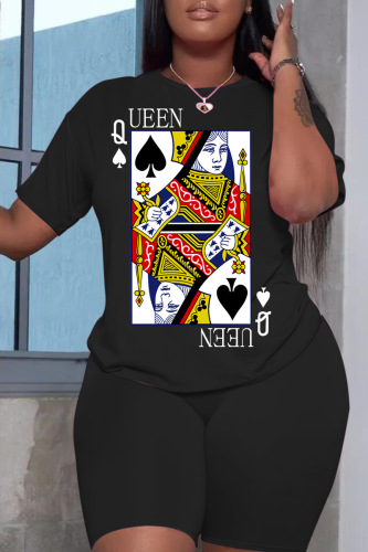 Black White Casual Print Basic O Neck Short Sleeve Two Pieces