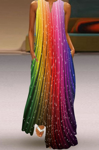 Colour Casual Print Patchwork V Neck Straight Dresses