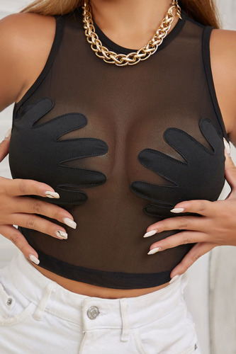 Black Sexy Solid See-through O Neck Tops