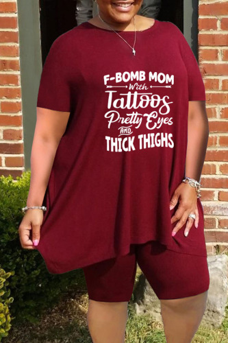 Burgundy Casual Print Patchwork O Neck Plus Size Two Pieces