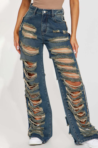 Navy Blue Street Solid Ripped Patchwork High Waist Denim Jeans