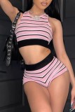 Pink Casual Sportswear Striped Print Basic O Neck Sleeveless Two Pieces