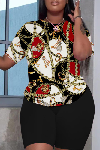 Black Red Casual Print Basic O Neck Short Sleeve Two Pieces