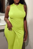 Green Casual Slit O Neck Sleeveless Two Pieces