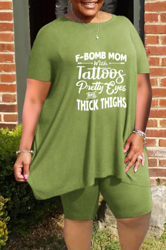 Green Casual Print Patchwork O Neck Plus Size Two Pieces