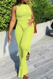 Green Casual Slit O Neck Sleeveless Two Pieces