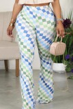 Light Blue Casual Print Basic Regular High Waist Conventional Full Print Trousers