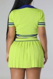 Fluorescent Green Casual Letter Patchwork Turndown Collar Short Sleeve Two Pieces